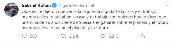 Tuit de Gabriel Rufián defendiendo a Greta Thunberg.