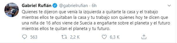 Tuit de Gabriel Rufián defendiendo a Greta Thunberg. Tuit de Gabriel Rufián defendiendo a Greta Thunberg.