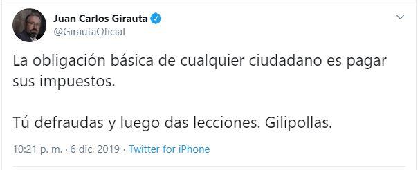 Captura de pantalla del tuit de Juan Carlos Girauta. Captura de pantalla del tuit de Juan Carlos Girauta.