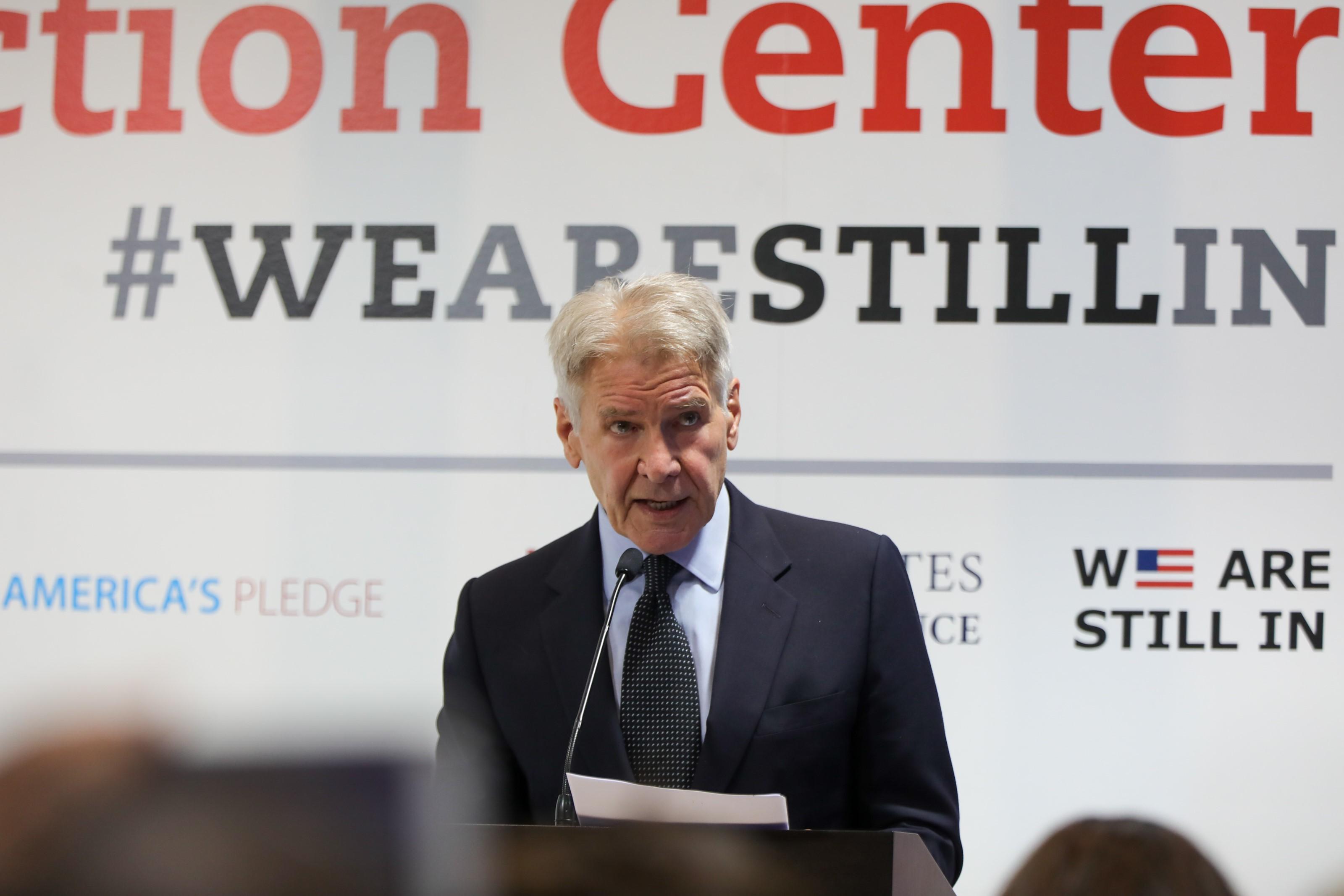 El actor norteamericano y activista medioambiental, Harrison Ford durante su intervención. Fuente: Europa Press.