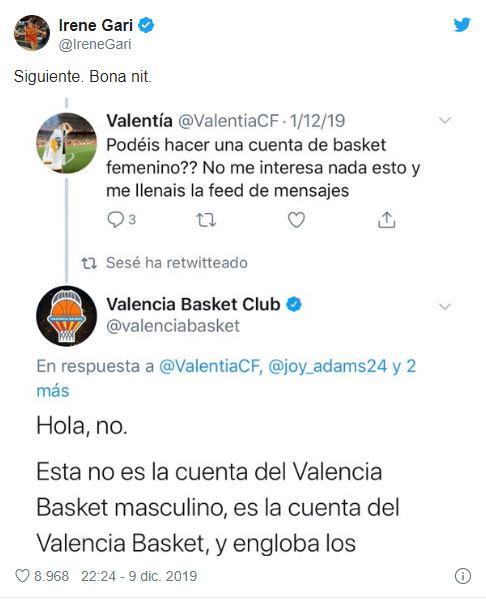 Respuesta de Irene Garí al zasca del Valencia Basket