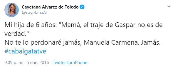 Tuit de Cayetana Álvarez de Toledo sobre la Cabalgata de Manuela Carmena en 2016