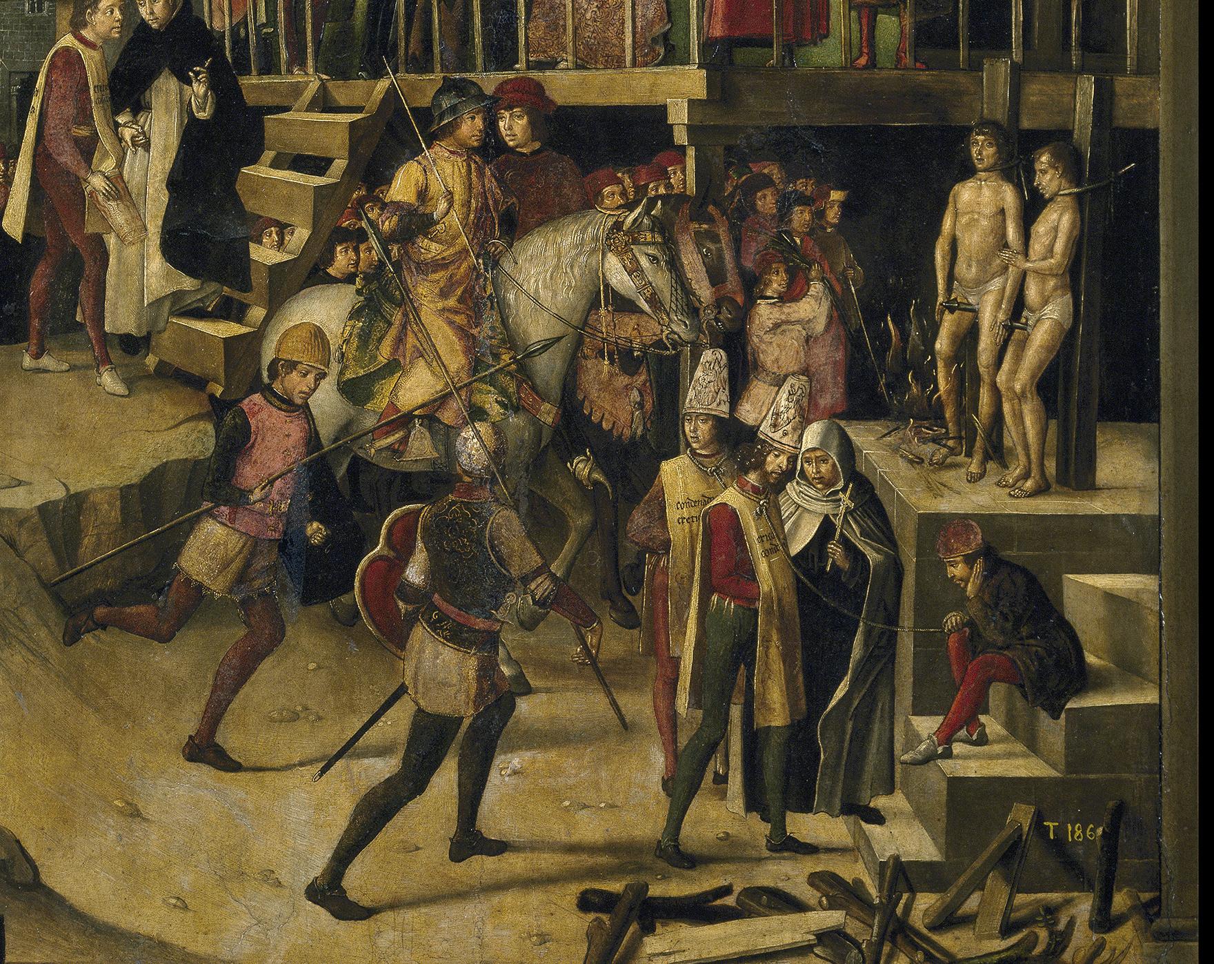 Detalle del auto de fe presidido por Santo Domingo de Guzmán. Pintura de Berruguete Detalle del auto de fe presidido por Santo Domingo de Guzmán. Pintura de Berruguete