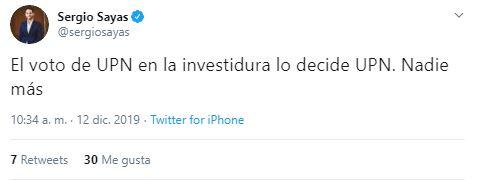Tuit de Sergio Sayas respondiendo al ofrecimiento de Casado Tuit de Sergio Sayas respondiendo al ofrecimiento de Casado