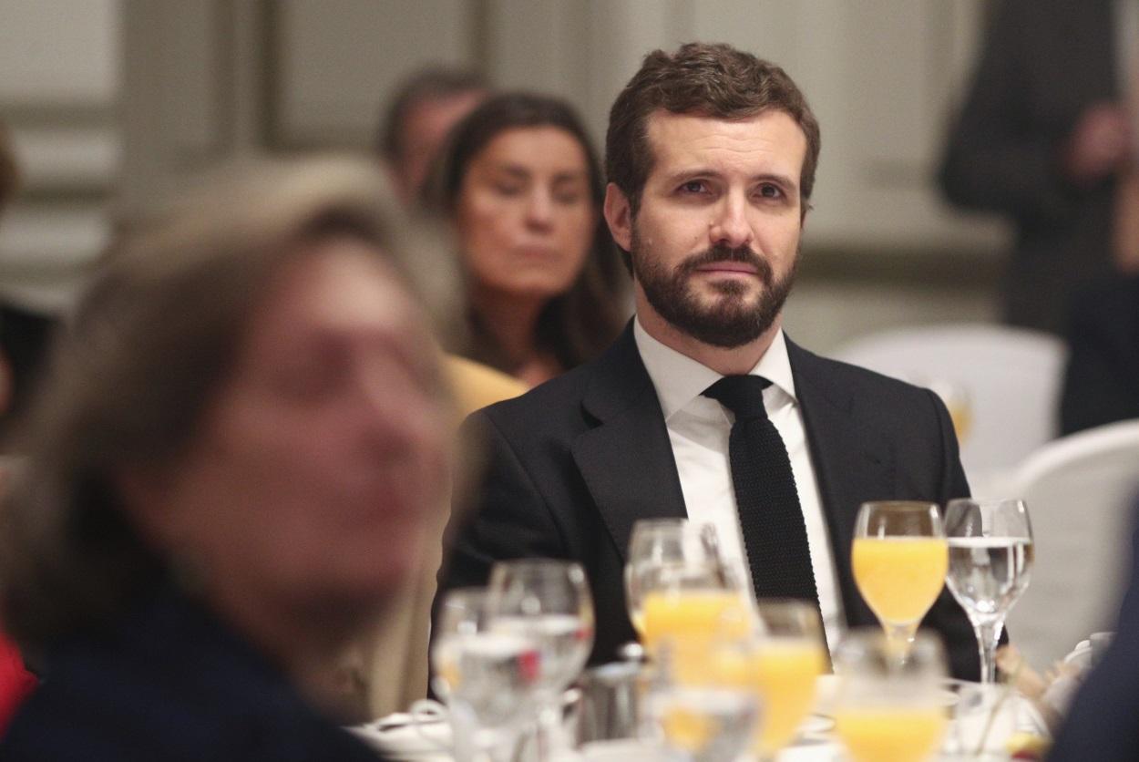 El presidente del Partido Popular, Pablo Casado, asiste al Desayuno Informativo de Fórum Europa