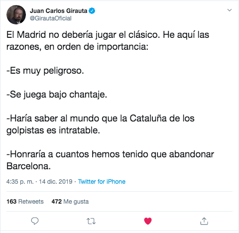 Tuit Girauta Barça-Real Madrid