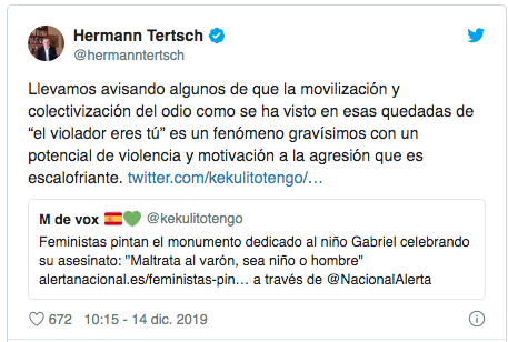Tuit de Hermann Tertsch sobre "El violador eres tú" Tuit de Hermann Tertsch sobre "El violador eres tú"