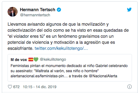 Tuit de Hermann Tertsch sobre "El violador eres tú"