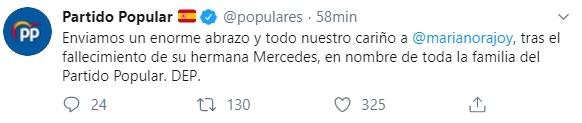Tuit de condolencia del PP por la muerte de la hermana de Mariano Rajoy