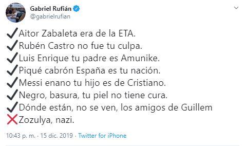 Tuit de Gabriel Rufián tras la polémica del Rayo Albacete