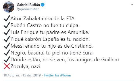 Tuit de Gabriel Rufián tras la polémica del Rayo Albacete Tuit de Gabriel Rufián tras la polémica del Rayo Albacete