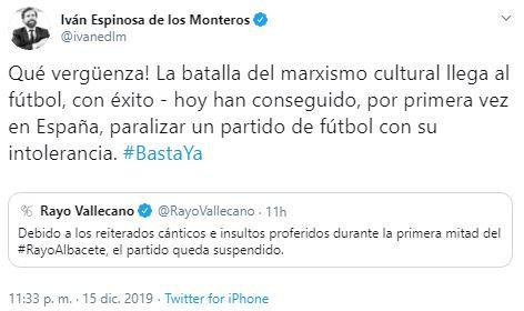 Espinosa de los Monteros, indignado con los cánticos de "Zozulya, nazi"