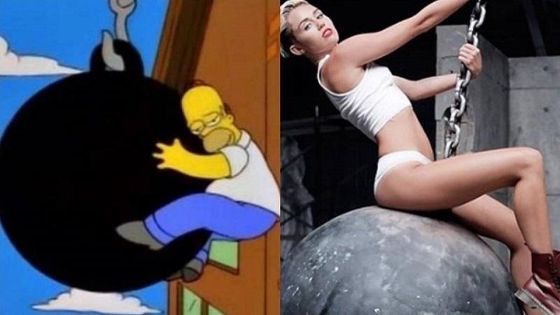 Comparativa entre la bola de demolición de Homer y Miley. Comparativa entre la bola de demolición de Homer y Miley.