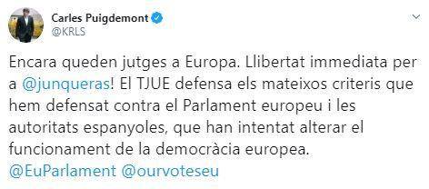 Tuit de Puigdemont tras el fallo del TJUE sobre Junqueras