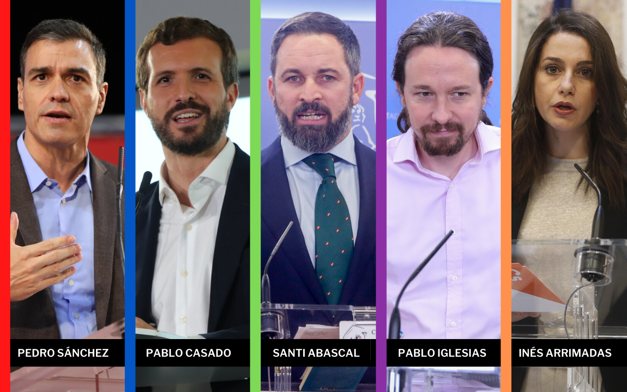 Pedro Sánchez, Pablo Casado, Santiago Abascal, Pablo Iglesias e Inés Arrimadas