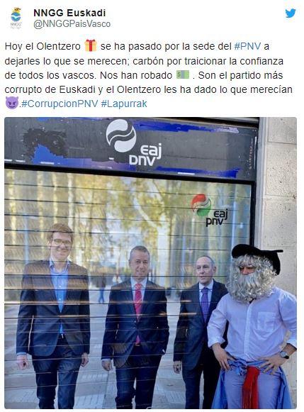 El tuit de las NNGG del PP Vasco en la sede del PNV. El tuit de las NNGG del PP Vasco en la sede del PNV.
