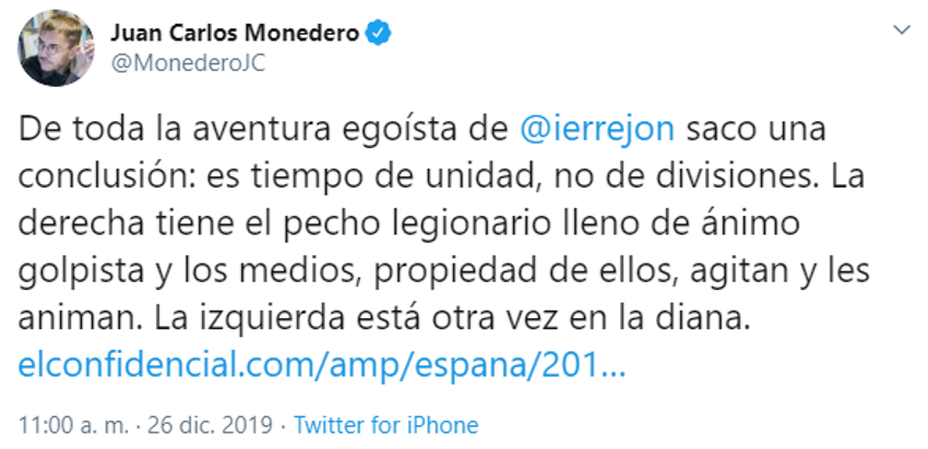 Tuit de Monedero contra Errejón Tuit de Monedero contra Errejón