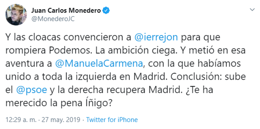 Tuit de Monedero contra Íñigo Errejón Tuit de Monedero contra Íñigo Errejón