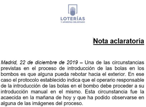 El comunicado de Loterías y Apuestas del Estado El comunicado de Loterías y Apuestas del Estado