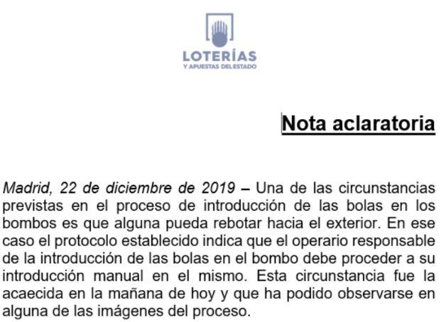 El comunicado de Loterías y Apuestas del Estado