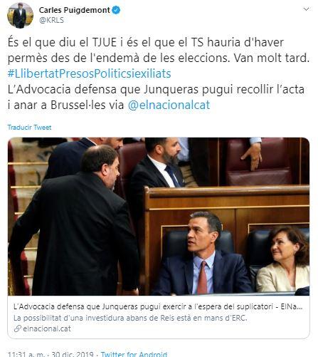 Tuit de Carles Puigdemont sobre el escrito de la Abogacía del Estado Tuit de Carles Puigdemont sobre el escrito de la Abogacía del Estado