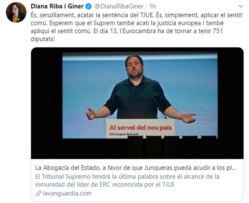 Tuit de Diana Riba (ERC) sobre el informe de la Abogacía del Estado Tuit de Diana Riba (ERC) sobre el informe de la Abogacía del Estado