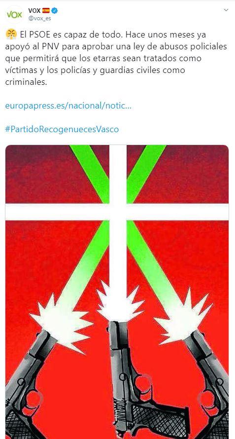 Tuit de Vox contra el acuerdo del PSOE y PNV Tuit de Vox contra el acuerdo del PSOE y PNV
