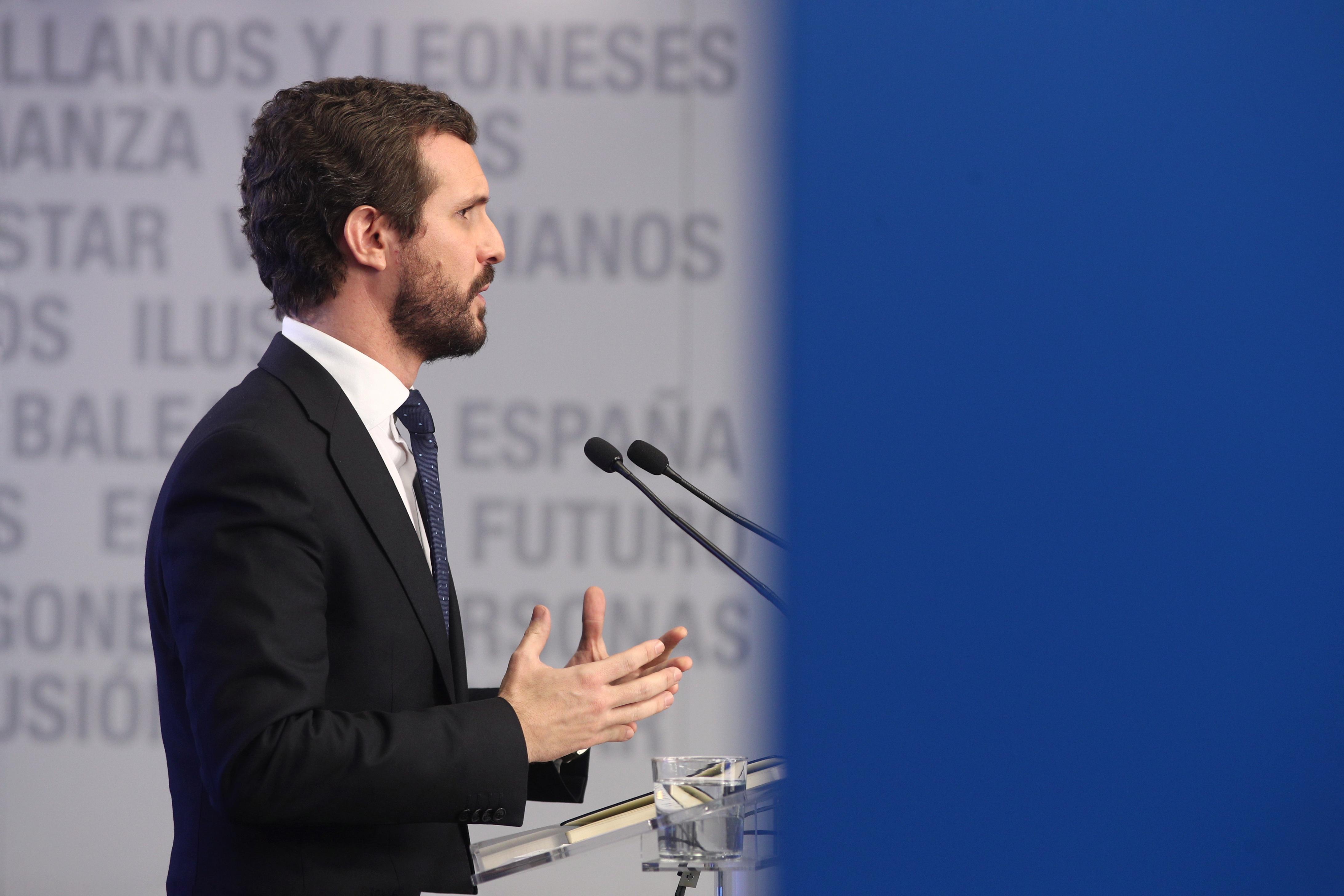 EuropaPress 2568039 El presidente del Partido Popular Pablo Casado en rueda de prensa para hablar del balance del año político que hace su partido en Madrid (España) a 30 de diciembre de 2019 