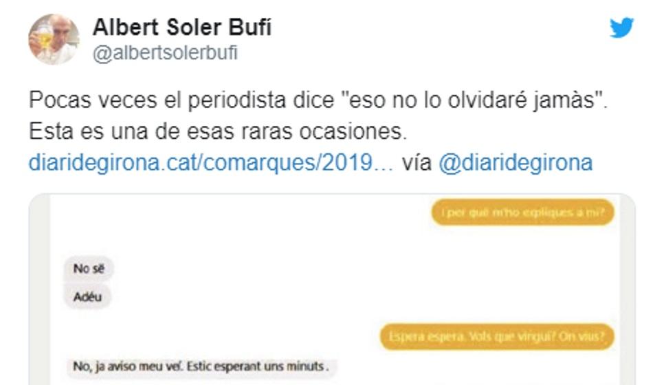 Tuit periodista Albert Soler en el que narra cómo la mujer de Girona le confiesa que mató a su hija
