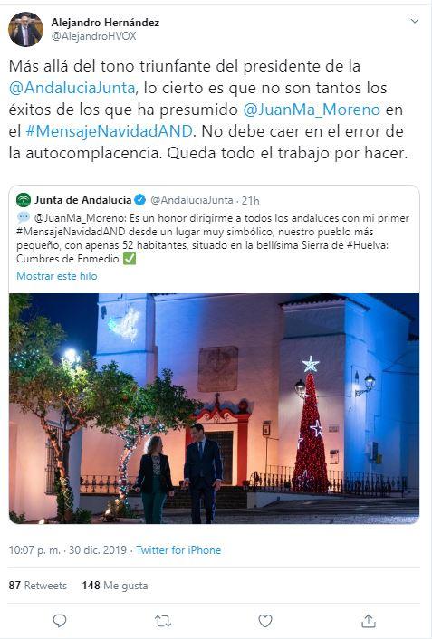 Tuit del portavoz de Vox en Andalucía
