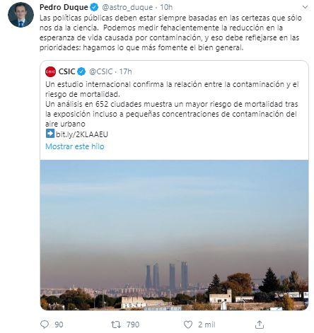 Captura del tuit de Pedro Duque a Isabel Díaz Ayuso