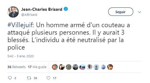 Tuit de Jean Charles Brisard, presidente del Centro de Análisis de Terrorismo de Francia