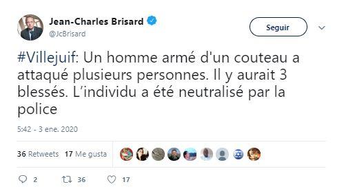 Tuit de Jean Charles Brisard, presidente del Centro de Análisis de Terrorismo de Francia Tuit de Jean Charles Brisard, presidente del Centro de Análisis de Terrorismo de Francia