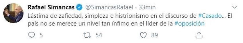Tuit de Rafael simancas sobre los insultos de Pablo Casado