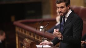 El presidente del PP Pablo Casado interviene desde la tribuna del Congreso de los Diputados en la primera sesión del debate de investidura del candidato socialista a la Presidencia de