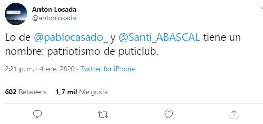Tuit de Antón Losada sobre PP y Vox