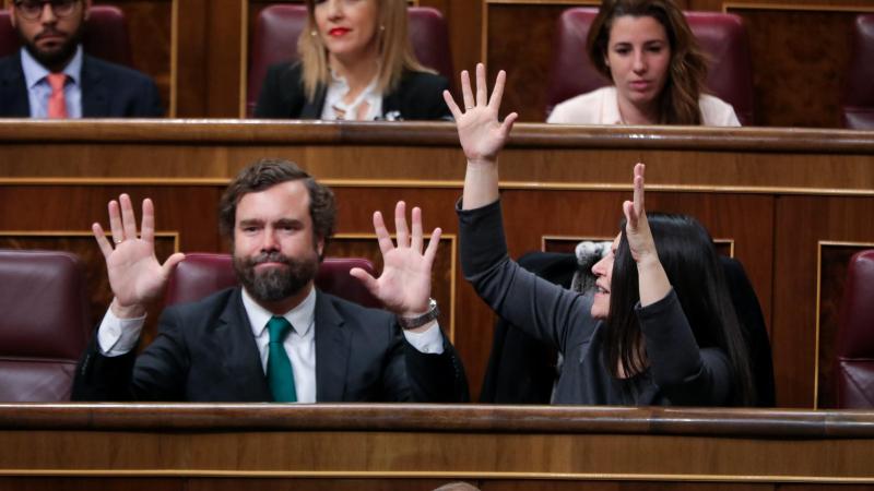 El portavoz VOX en el Congreso de los Diputados Iván Espinosa de los Monteros y la secretaria general del Grupo Parlamentario de VOX Macarena Olona levatan las manos durante la intervención 