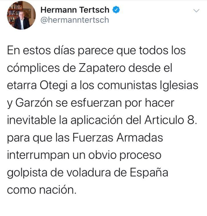 Tuit ya borrado de Hermann Tertsch sugiriendo un golpe de estado. Autor: Captura de pantalla realizada el 05/01/2020. Fuente: Cuenta de Twitter @hermanntetsch / El Plural