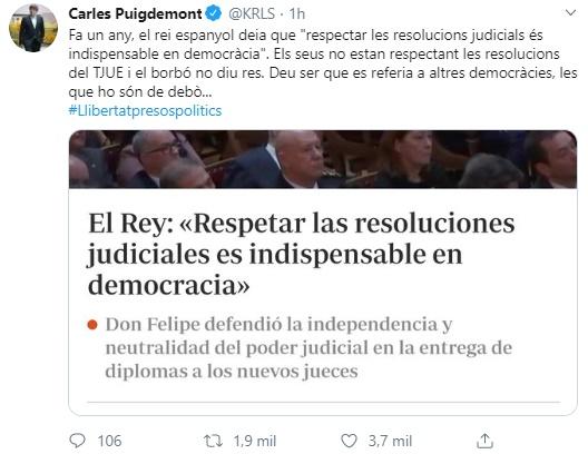 Tuit Puigdemont sobre el Rey