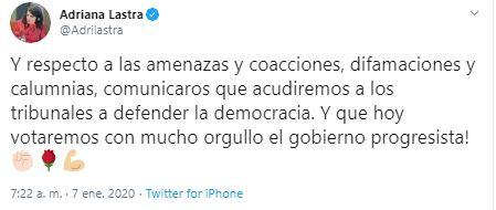 Tuit de Adriana Lastra anunciando medidas legales contra las amenazas