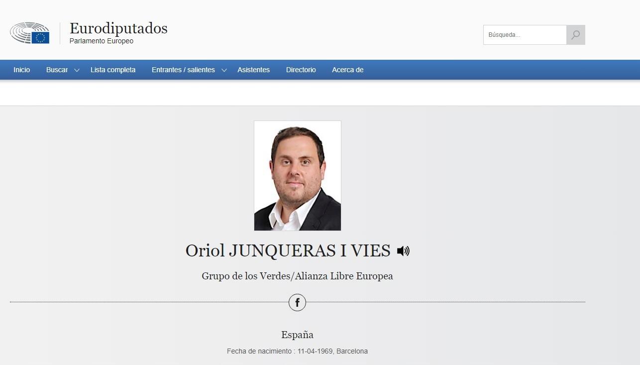Perfil del exvicepresident y líder de ERC Oriol Junqueras en la web del Parlamento Europeo