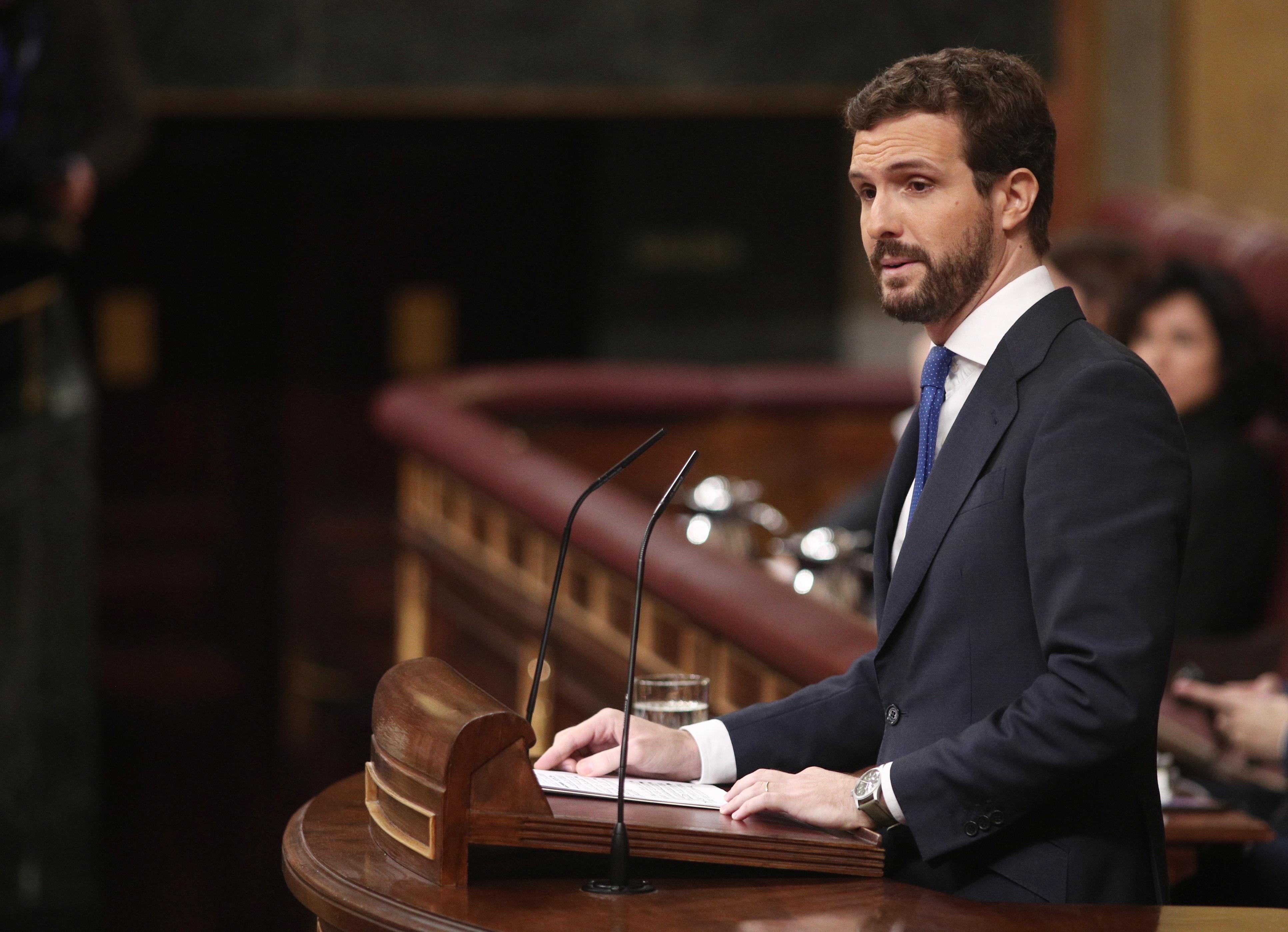 El presidente del Partido Popular Pablo Casado durante su intervención en la segunda sesión de votación para la investidura de Pedro Sánchez.