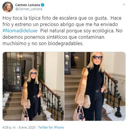 Tuit de Carmen Lomana enseñando su abrigo