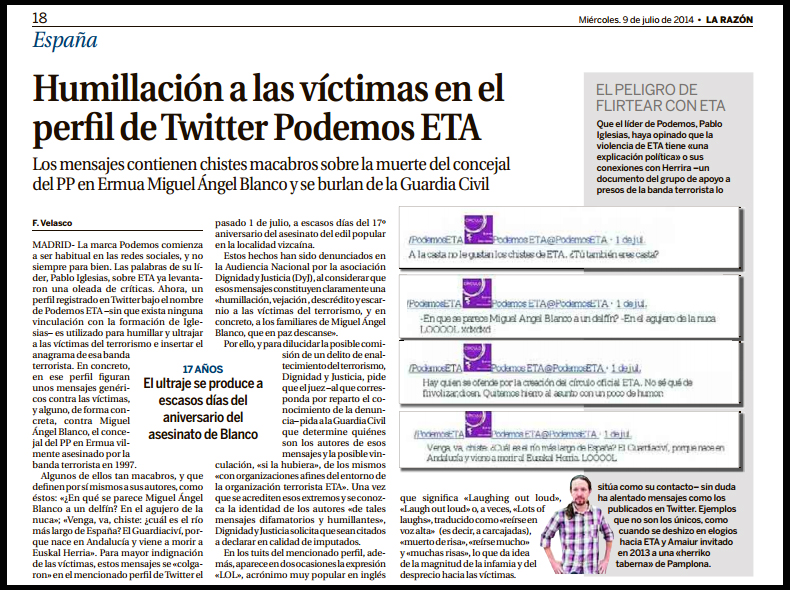‘La Razón’ culpa a Pablo Iglesias de los tuits macabros de una cuenta falsa llamada Podemos ETA