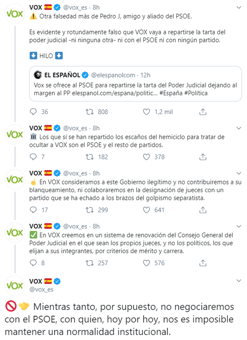 Hilo de Twitter de Vox con el desmentido de Espinosa de los Monteros