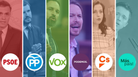 Líderes políticos: Pedro Sánchez, Pablo Casado, Santiago Abascal, Pablo Iglesias, Arrimadas y Errejón