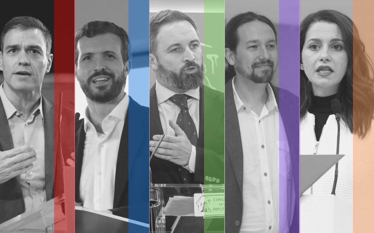 Líderes: Sánchez (PSOE), Casado (PP), Abascal (Vox), Iglesias (Podemos)  y Arrimadas (Ciudadanos)