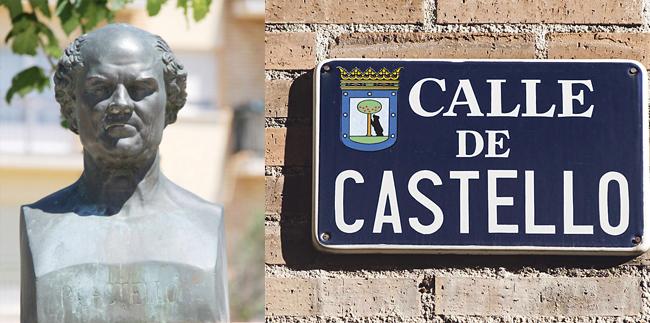 Placa de la calle que Castelló tiene en Madrid y escultura con la que se le recuerda en barcelon. Pobles de Catalunya.