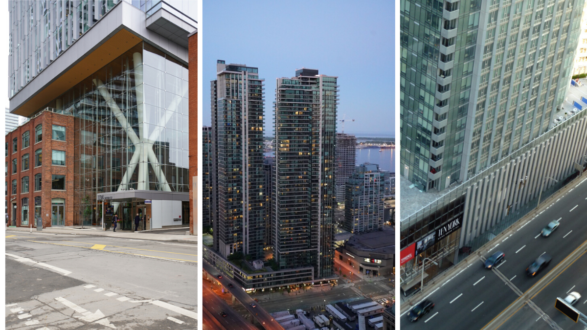 Una de las singularidades de Toronto ha sido integrar antiguas edificaciones en enormes torres. Además, se ha impuesto un sistema de construcción de torres en podio, con cinco o seis plantas de uso mixto