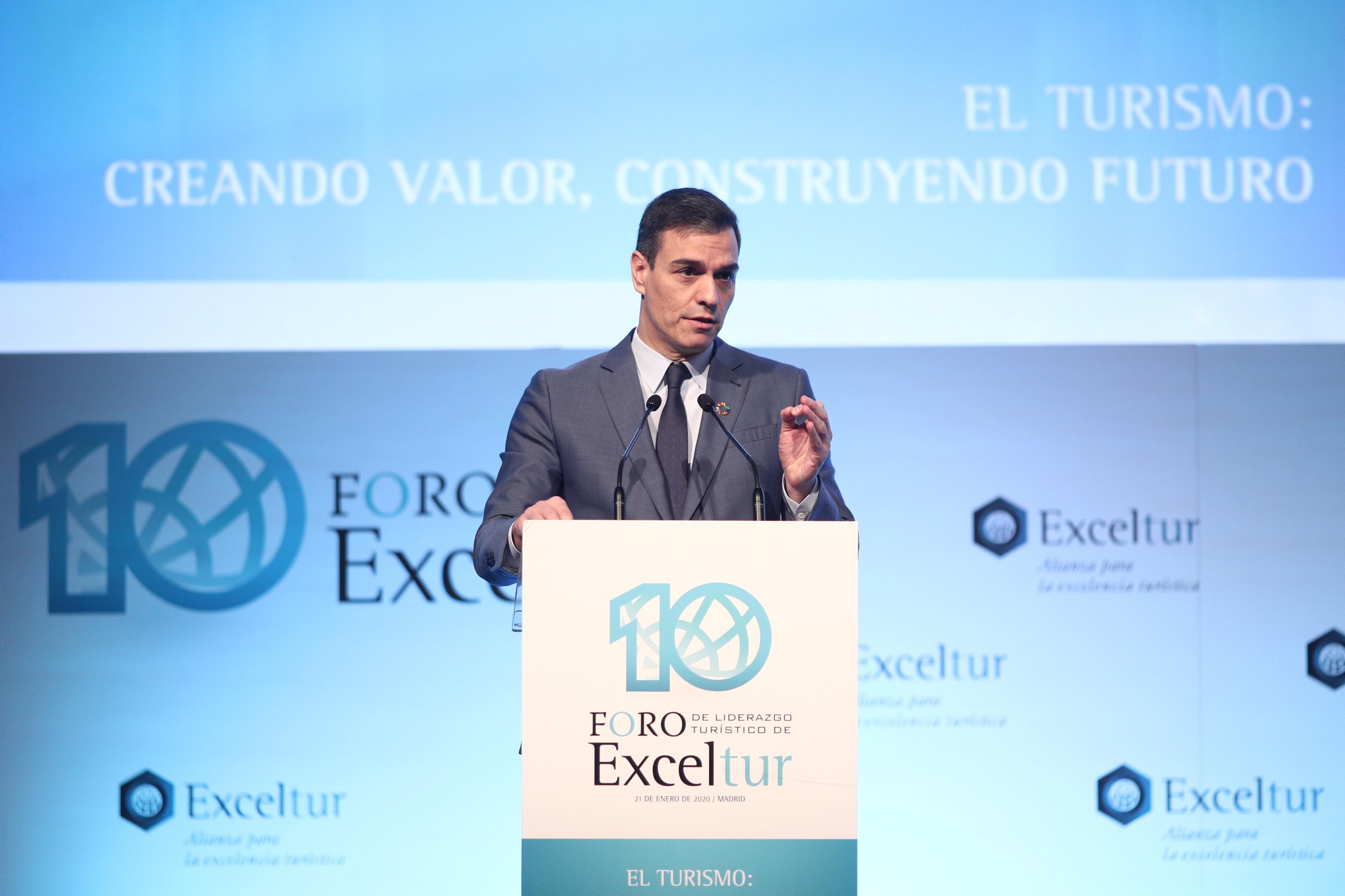 El presidente del Gobierno Pedro Sánchez durante su intervención en la inauguración del X Foro Exceltur en IFEMA Madrid (España) a 21 de enero de 2020 